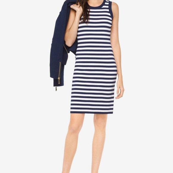 MICHAEL KORS Striped Bodycon Tank Top Midi Dress Navy Blue White Size Medium - Picture 1 of 8